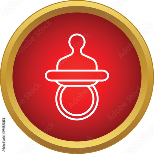 Baby pacifier outline icon in a red circle with gold border, symbolizing childhood