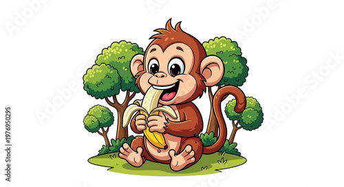 A cute cartoon monkey sitting under a green tree eating a banana on a white background with a playful mood.