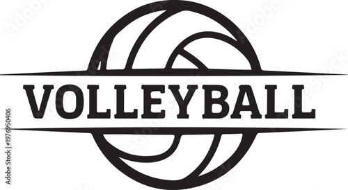 A black and white minimalist graphic design featuring a stylized volleyball icon with text logo. isolated on white background