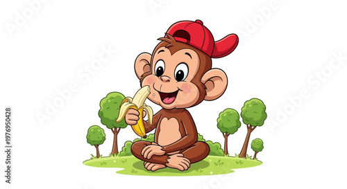 A cute cartoon monkey wearing a red cap sits on green grass eating an ice cream cone under trees isolated on a white background.