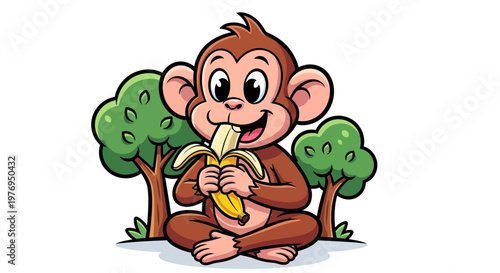 A cute cartoon monkey eating a banana sitting under green trees isolated on a white background.