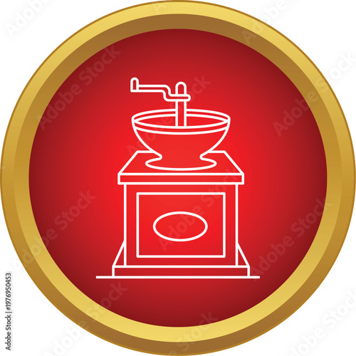 Antique coffee mill icon on a red background, symbolizing traditional brewing
