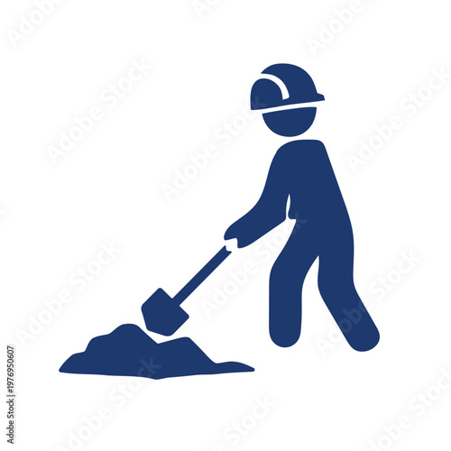 A flat, blue silhouette depicts a construction worker actively digging with a shovel.