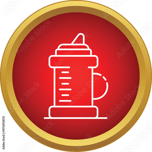 Simple white line baby bottle icon on red circular background with gold border