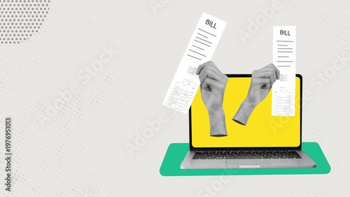 Contemporary art collage depicting a hand holding bill check or invoice for payment