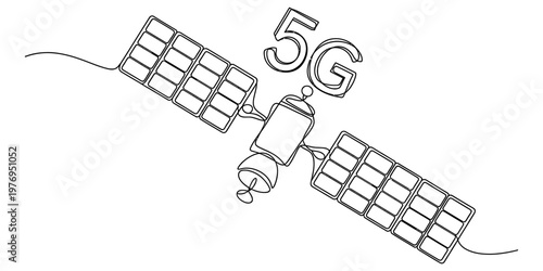 A single continuous line drawing of a satellite in space providing global 5g network connection