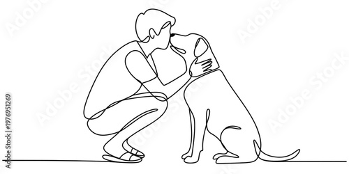A continuous line drawing depicting a young person crouching down to affectionately hug a dog.