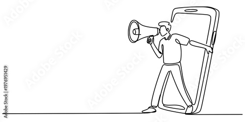 A continuous line drawing of a person using a megaphone while stepping out of a smartphone frame