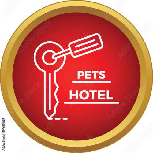 Round red button featuring a pet hotel key outline and text