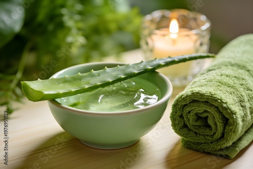 A serene spa setup featuring aloe vera gel in a bowl with a leaf on top, a rolled green towel, and a lit candle in the background.