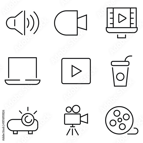 Classic cinema icons. Vector icon set of classic cinema motifs: silent film camera, vintage projector, film reel, oscar, ticket, mask, megaphone. Vector icon. 