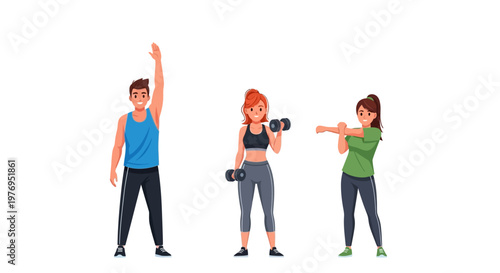 Illustration of diverse people exercising with dumbbells in a colorful and dynamic composition against a clean white background.