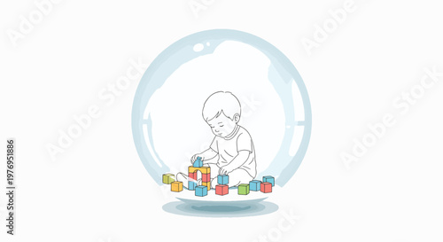 A child playing with colorful blocks inside a large glass snow globe with a protective covering, conveying a sense of safety and joy in a whimsical setting.