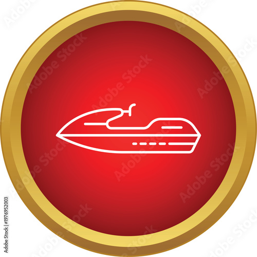 Personal watercraft line drawing on a vibrant red circular background with gold border