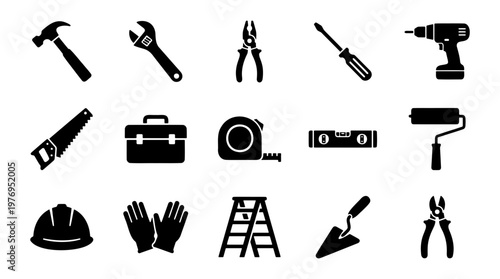 Construction tool icons, black hardware vector set, 15 repair equipment symbols