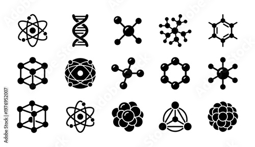 Molecular science icons, 15 atom and DNA vector set, chemistry symbols