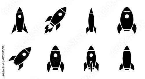 Rocket ship icon set, 8 black spaceship vectors, startup launch symbols