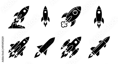 Rocket ship icons set, black spaceship vector, 8 startup launch symbols