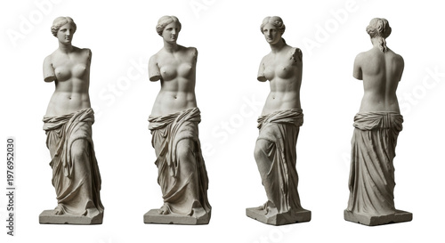 high-contrast composite view of an ancient greek marble statue, resembling venus de milo, showing weathered texture and intricate drapery against a white background, Concept of historical classical