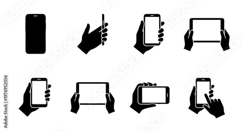 Minimalist smartphone icons, hand holding mobile phone set, tablet vector
