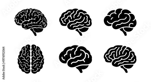 Human brain icons set, 6 black vector silhouettes, medical mind symbols