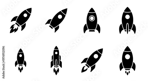 Rocket ship icon set, black spaceship vector, 8 launch shuttle symbols