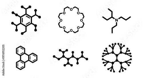 Chemical molecule structure icons, 6 science vector elements, lab symbols