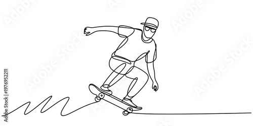 A continuous line drawing of a young skater performing a trick while riding on his skateboard