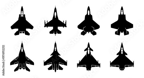 Military fighter jet silhouettes, 8 combat aircraft icons, vector set