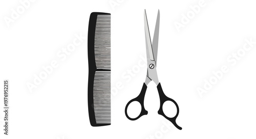 Close-up of hair cutting scissors and a comb on a white background