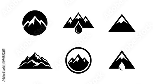 Mountain logo set, 6 minimalist peak icons, black outdoor nature symbols