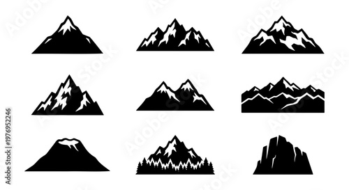 Mountain peak icons, black mountain silhouettes, 9 nature vector elements