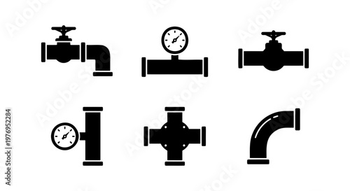 Industrial pipe icons, plumbing valve set, 6 black vector pipe elements