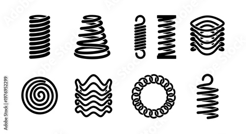 Metal spring icons set, industrial coil wire shapes, 8 vector elements