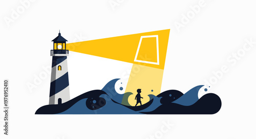 A digital illustration of a child and a parent seeking protection under a lighthouse beam amidst turbulent waves.