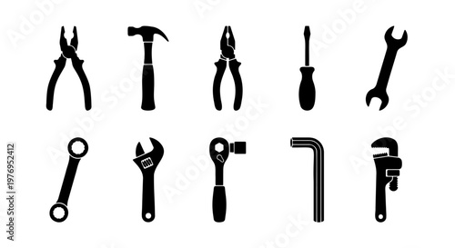 Industrial hand tool silhouettes, 10 repair equipment icons, vector set