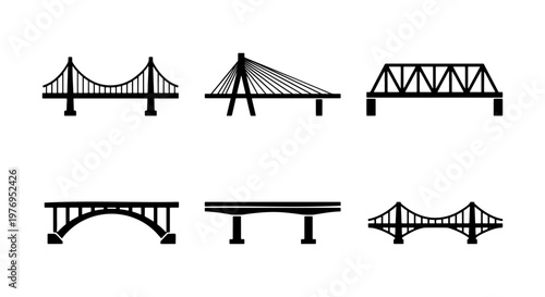 Bridge icon set, black suspension and truss bridge vectors, 6 elements