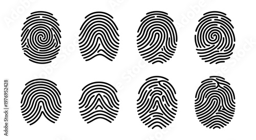Fingerprint icon set, biometric identification symbols, 8 digital vectors