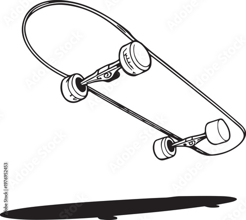 A black and white line art illustration of a skateboard performing an ollie trick in midair isolated on white background