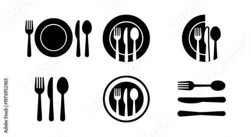 Minimalist cutlery icon set, black restaurant logos, plate and fork vector