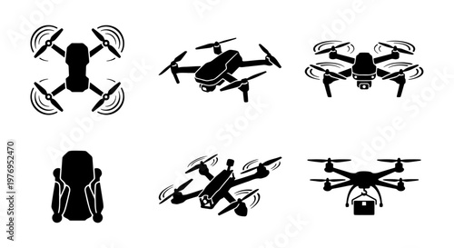Drone icon set, 6 black quadcopter vector silhouettes, delivery uav icons