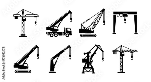 Industrial crane icons, construction machinery set, 8 lifting equipment vectors