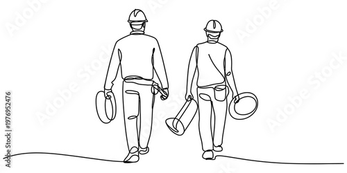 A single continuous line drawing of two construction workers walking away with their tools in hand