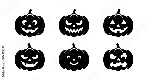 Halloween pumpkin icons, spooky jack o lantern faces, 6 black vector set