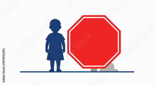A blue silhouette of a child standing next to a large red octagonal stop sign on a white background, conveying a sense of protection and safety.