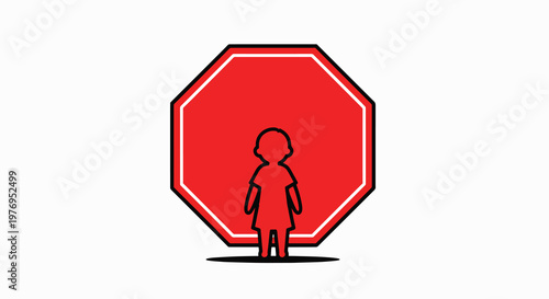 A simple illustration of a child standing in front of a large red stop sign with a protective theme on a white background.