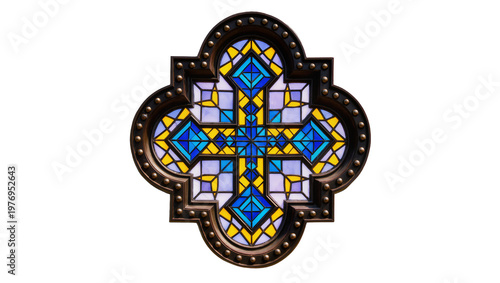 Fotografie Detailed Blue and Gold Stained Glass Cross with Decorative Border