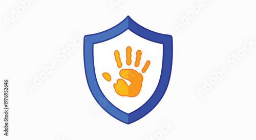 A blue shield icon with an orange handprint on a white background, symbolizing child protection with a bold and secure design.