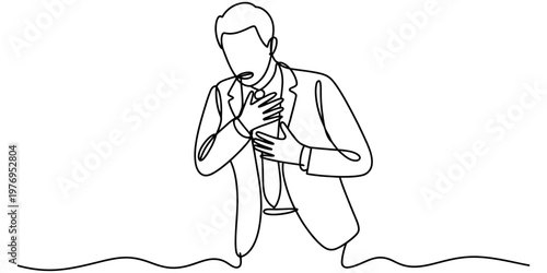 Continuous line drawing of a businessman feeling chest pain or suffering from a heart attack