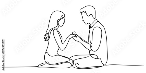 A beautiful continuous line drawing of a man proposing marriage to a woman with a small ring